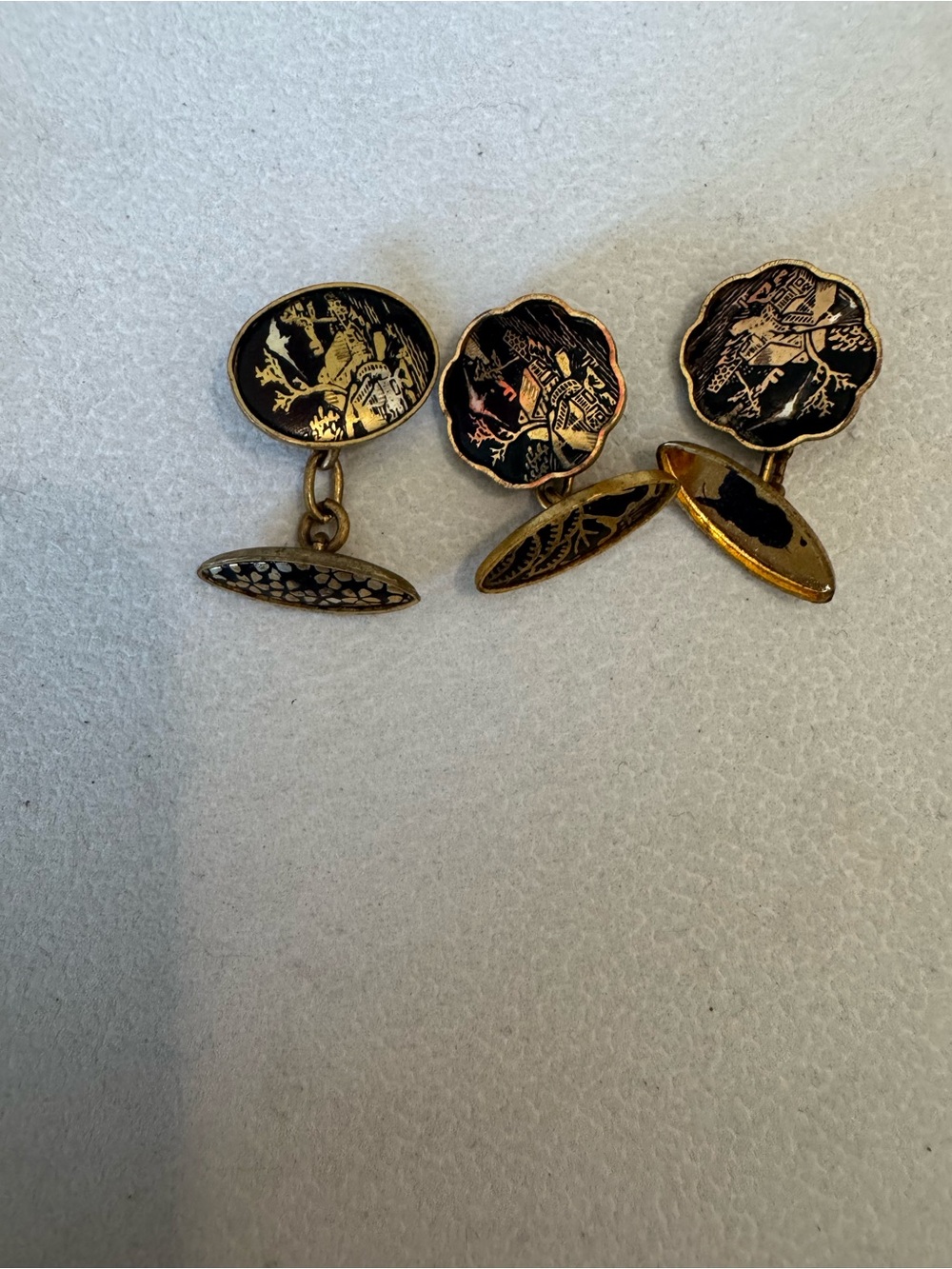Set of 3 Vintage Gold and Black Enamel Damascene Cufflinks - Japan